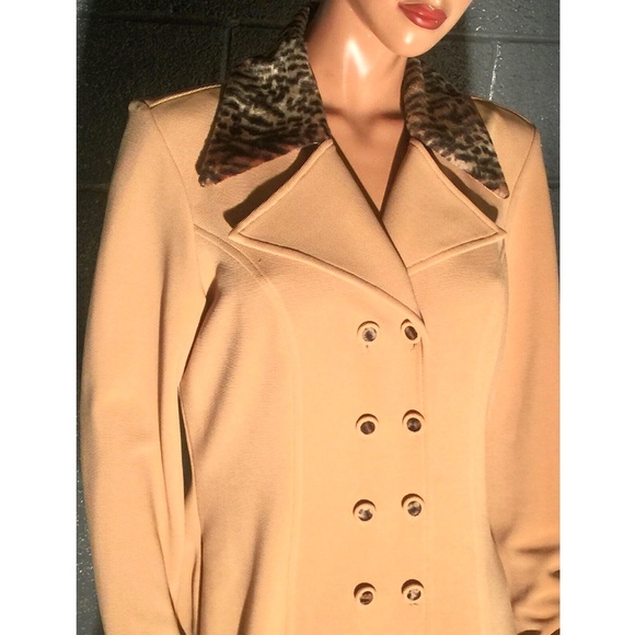 VTG ALGO Poly Knit Double Breasted Leopard Faux Fur Trimmed Collared Peacoat~10 - Picture 4 of 11
